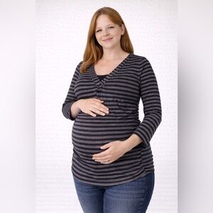 Striped Black and Gray 3/4 Sleeve Maternity Top
